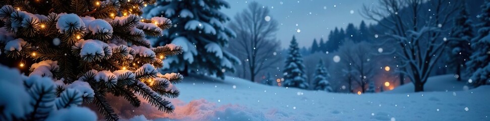 Winter wonderland scene with Christmas tree and twinkling lights in snowy landscape, lights, Winter wonderland