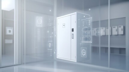 White safe box with digital icons floating in white modern space.