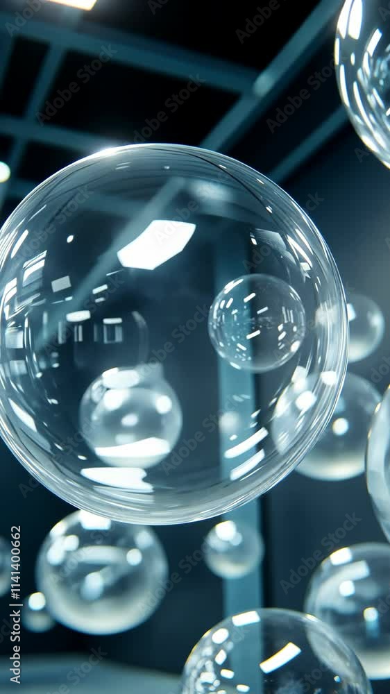 Poster floating bubbles reflect light in a modern indoor setting with abstract shadows and textures