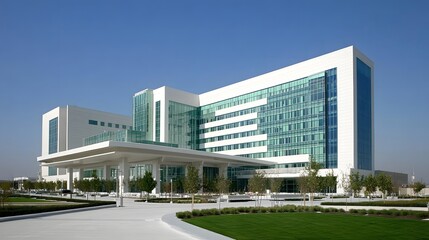 Obraz premium Modern hospital isolation ward exterior showcasing advanced medical facilities and compassionate care, emphasizing the importance of health infrastructure in safeguarding public well-being