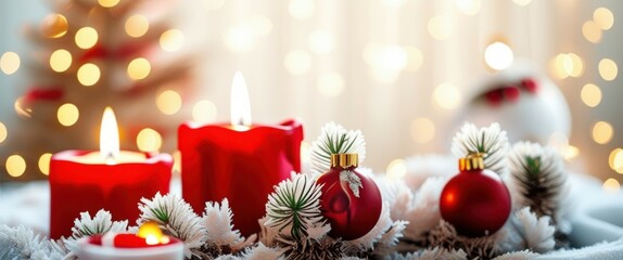 Photo of a festive holiday centerpiece on a table, featuring several red candles in different sizes, some with melted wax, surrounded by small ornaments, pinecones, and red berries. The background is 