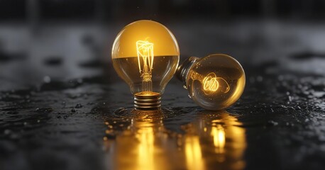 Yellow light bulb with a small puddle of water surrounding it, water, reflectivity, moisture