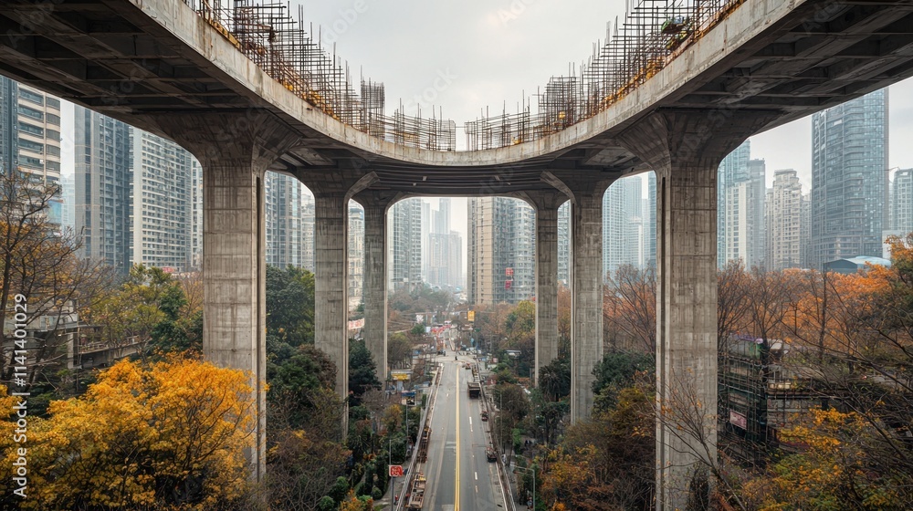 Canvas Prints Elevated highway under construction spans city with traffic, trees.