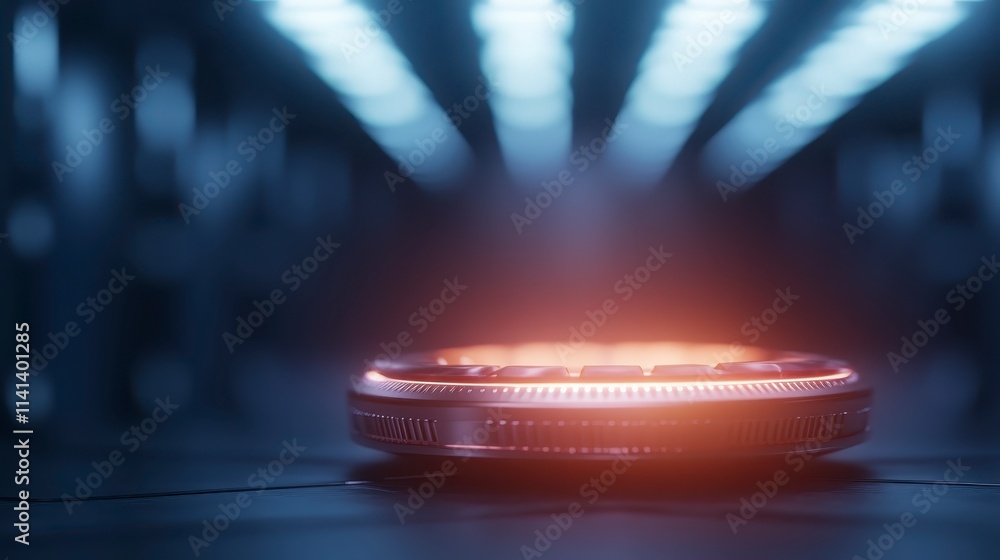 Poster a glowing circular object is illuminated by bright lights, creating a futuristic ambiance.
