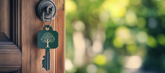 Key with tree design in lock, outdoors in background.