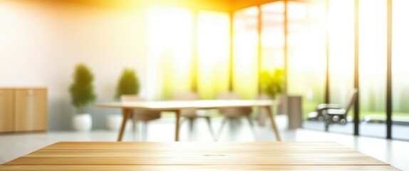 Obraz premium A blurry photograph of a modern office space with large windows letting in bright natural light. The foreground features a wooden table with a potted plant on the right. The background shows a few cha