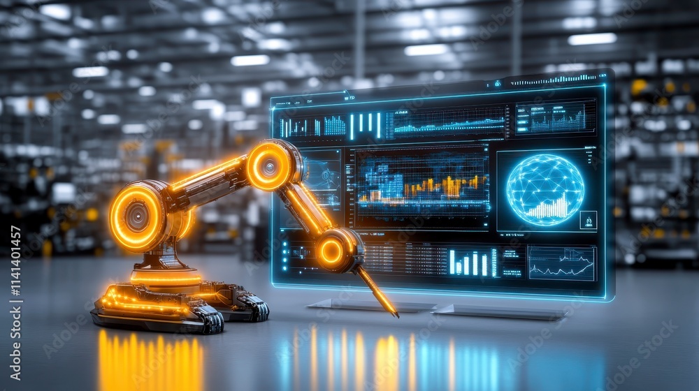 Poster a robotic arm interfaces with a futuristic digital display in a modern industrial setting, showcasin
