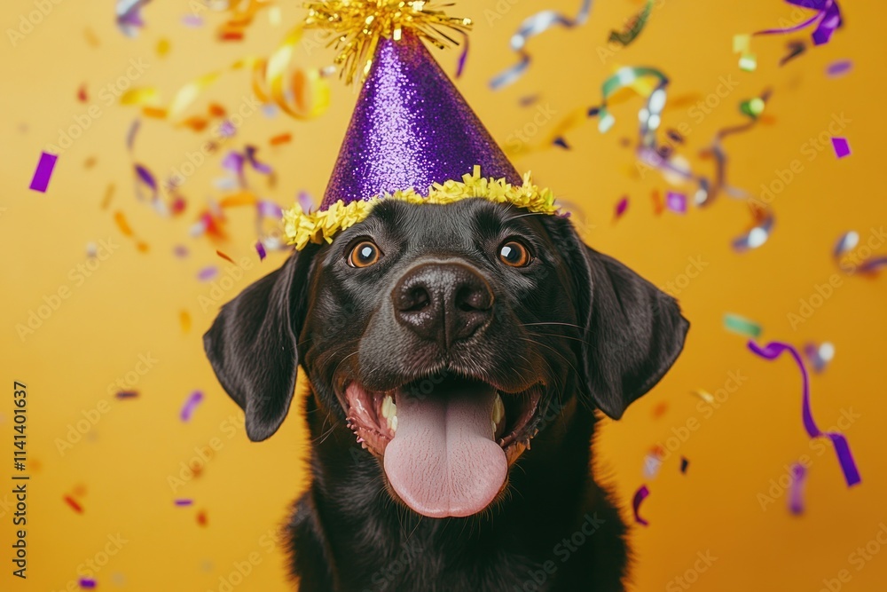 Poster smiling lab with hat in confetti.