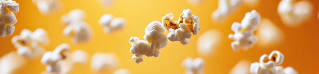 Falling popcorn on orange backdrop with shallow focus.