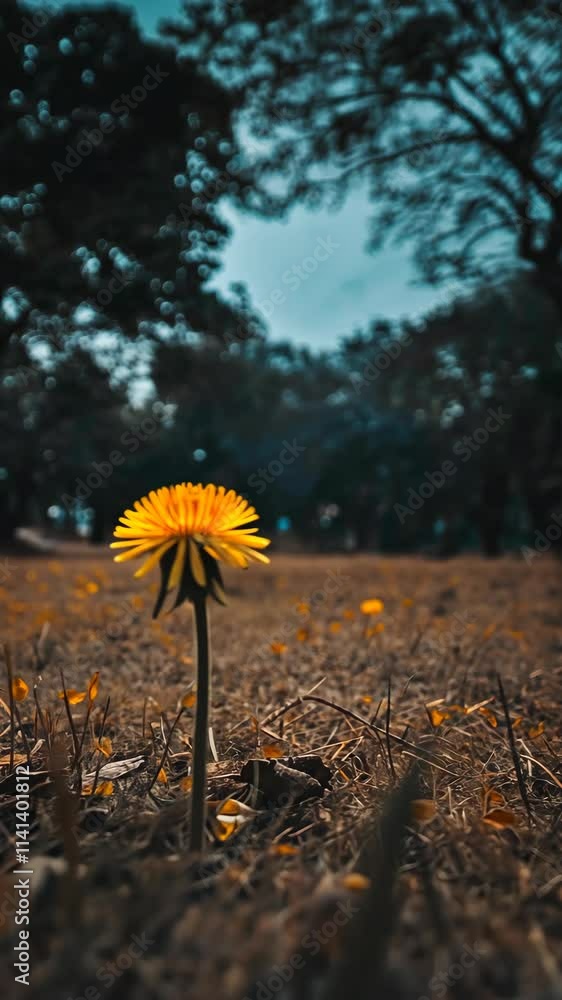 Poster bright yellow dandelion stands alone in a tranquil meadow surrounded by trees under a partly cloudy 