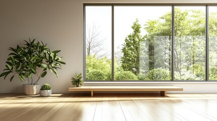 Fototapeta premium Minimal room with plants, wood floor, large window, green garden view.