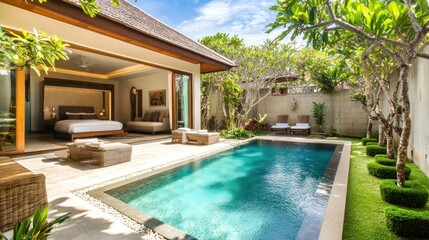 Villa with pool, bedroom view, patio, and outdoor seating.