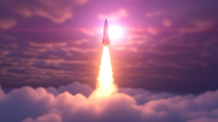 A rocket launches into a vibrant sky, leaving a trail of flames amidst clouds, symbolizing exploration and innovation.