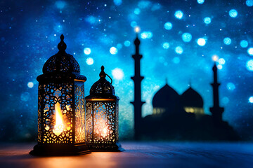 Fototapeta premium A beautiful Arabic lantern with a burning candle illuminated the star night sky. Ai generative