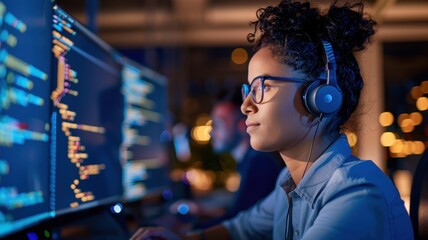 Obraz premium A focused individual coding on a computer, wearing headphones in a dimly lit environment, showcasing technology and concentration.