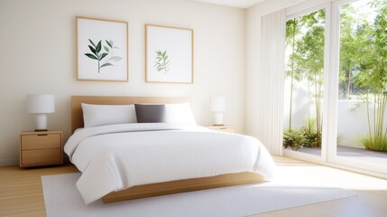 Bright, minimalistic bedroom with natural light and greenery.