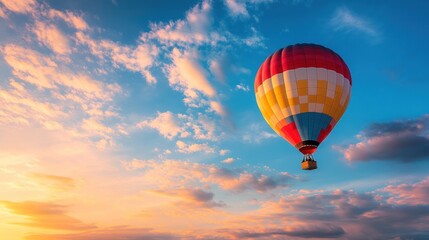 Naklejka premium Hot Air Balloon Soaring Through a Colorful Sunset Sky