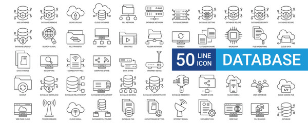 Database icon collection set with Add, Remove, Cloud Upload, File Network, Server