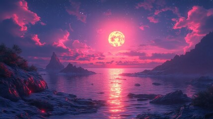 Pink sunset, full moon, rocky coast, starry night.