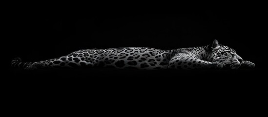 Fototapeta premium Jaguar lying down with patterns, isolated on a dark background.