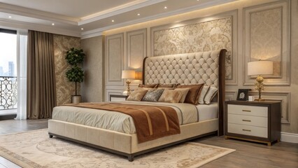 A sophisticated personal retreat with a plush headboard elegantly upholstered in ornate fabric contrasting beautifully with the warm layer upon layer of bedding. The soft textures