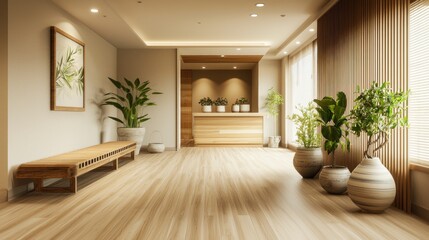 Fototapeta premium Minimalist lobby with wood floors, plants, bench, and counter.