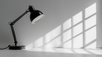Illuminated workspace scene with black lamp and window shadows in minimalist style