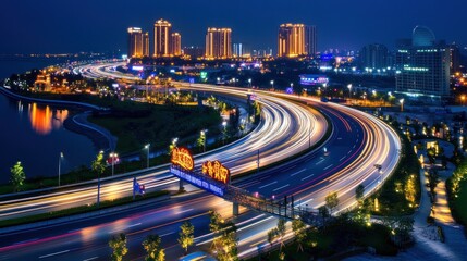 Cityscape night, highway curves, lights blurred, waterfront view.