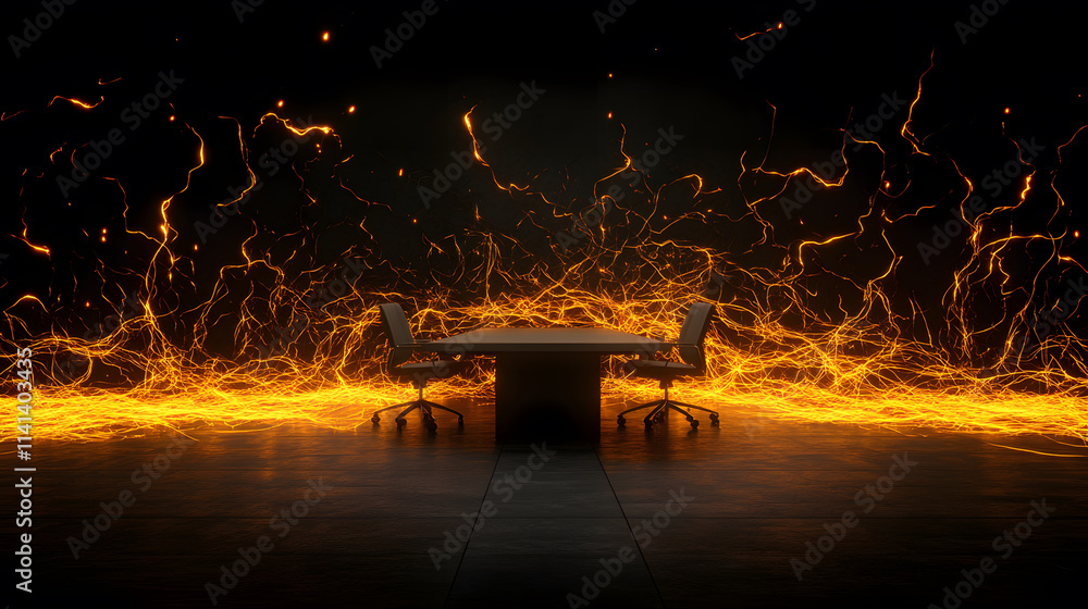 Poster a dramatic scene featuring a table illuminated by vibrant, fiery sparks, creating an intense ambianc