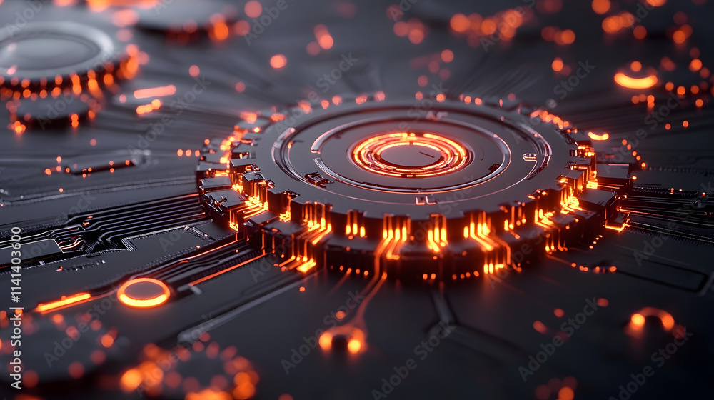 Poster A futuristic digital circuit with glowing orange elements, showcasing intricate patterns and technology-inspired design