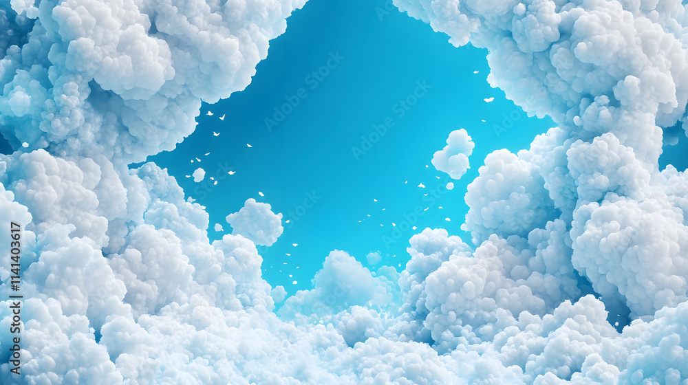 Poster a serene view of fluffy white clouds framed by a bright blue sky, creating a peaceful and uplifting 