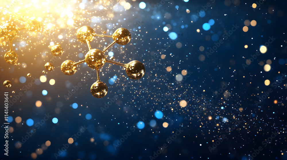 Poster a dynamic depiction of a molecular structure surrounded by glowing particles, symbolizing scientific