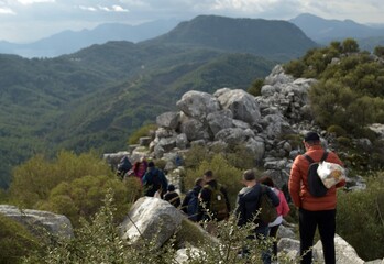 Tourists on a backpacking trip in the mountains of Turkey