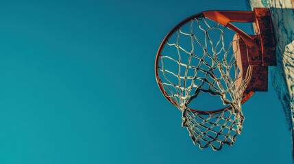 Rustic basketball hoop net against a vibrant blue sky. Perfect for sports, competition, or summer themes.