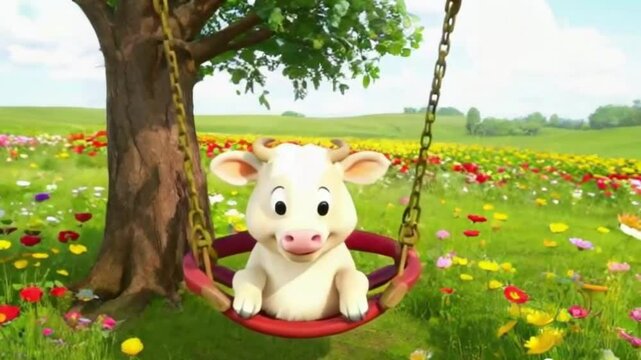 A close-up shot of a cow grazing in lush green grassland, focusing on the animal's peaceful presence and the verdant surroundings, depicting the essence of nature and rural life.