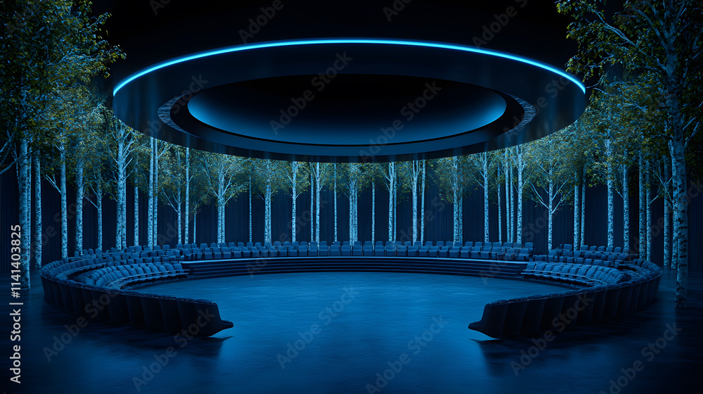Poster a futuristic, circular space surrounded by trees, illuminated with blue lighting, creating a serene 