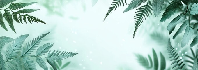 Fern leaves border light background with bokeh.