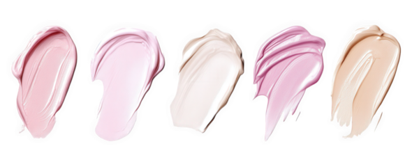 five swatches of different colored beauty products on a transparent background