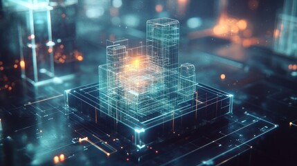 Abstract digital building, futuristic, tech, light grid.