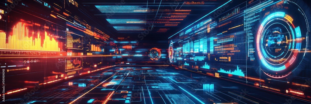 Poster futuristic digital interface with data streams.