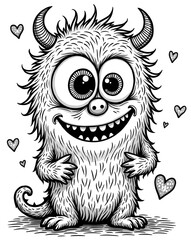 Obraz premium Cute Furry Monster with Hearts and Horns