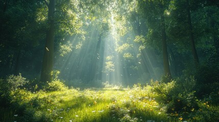 Fototapeta premium Sunlit forest clearing, wildflowers, magical.