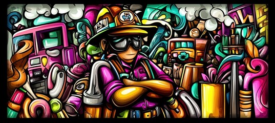 Cartoon firefighter, urban scene, and vivid colors.