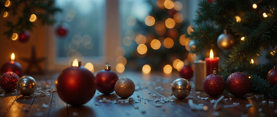 Festive Christmas Ornaments and Pine Decorations Scattered on Rustic Wooden Floor Background