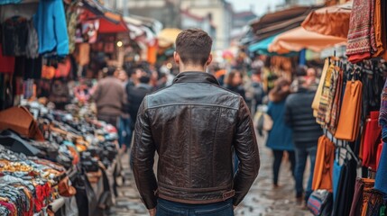 Man walks through busy outdoor market with stalls.