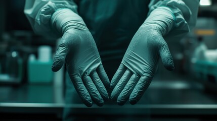 Close-up of two gloved hands, teal toned. Illustrates hygiene, safety, or medical procedures.