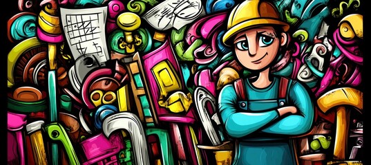 Cartoon builder with tools doodle.