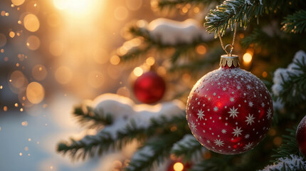 Obraz premium Festive Holiday Christmas Tree Ornaments Sparkling with Winter Magic and Holiday Background