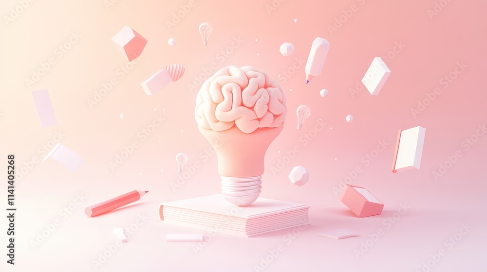 Poster brain inside bulb on book, floating objects around it.