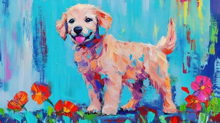 Colorful painting of a happy golden puppy standing with flowers.